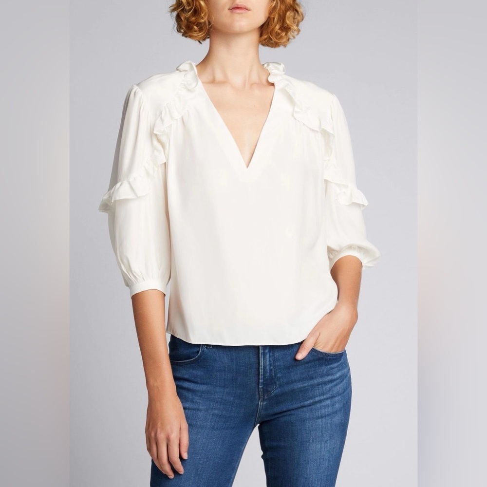 NWT Frame Cali Ruffle White Silk V-Neck Elbow Length Blouse Sz XS